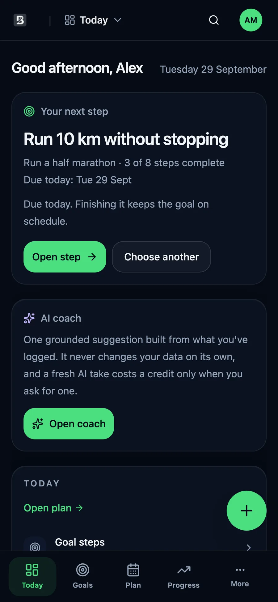 Begyn Today view on a phone with the next step and AI coach card.